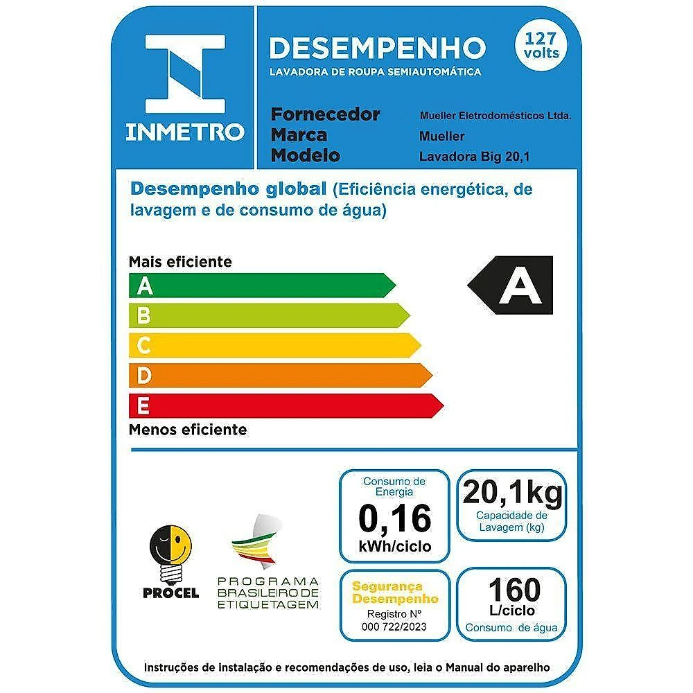 Lavadora De Roupas Semiautomática 20,1kg Mueller Big Branco 110V