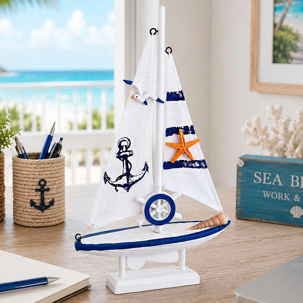 Enfeite Barco Miniatura com Detalhes Náuticos Artesanal Branco