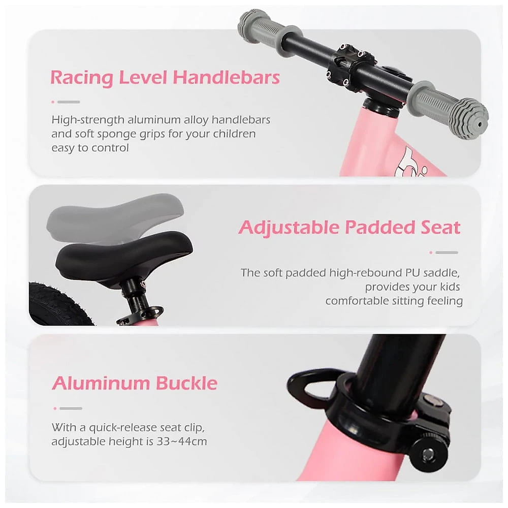 Bicicleta sem Pedal com Assento Ajustável e Pneus Pneumáticos para Crianças de 2 a 6 Anos, Birtech, Rosa