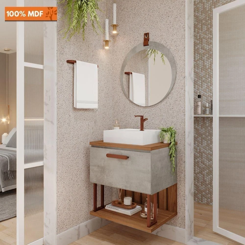Miniatura Gabinete Para Banheiro 60 Cm 100% Mdf Nicho 1 Porta Basculante Duna Mgm Móveis Cimento/freijo Cimento/freijo