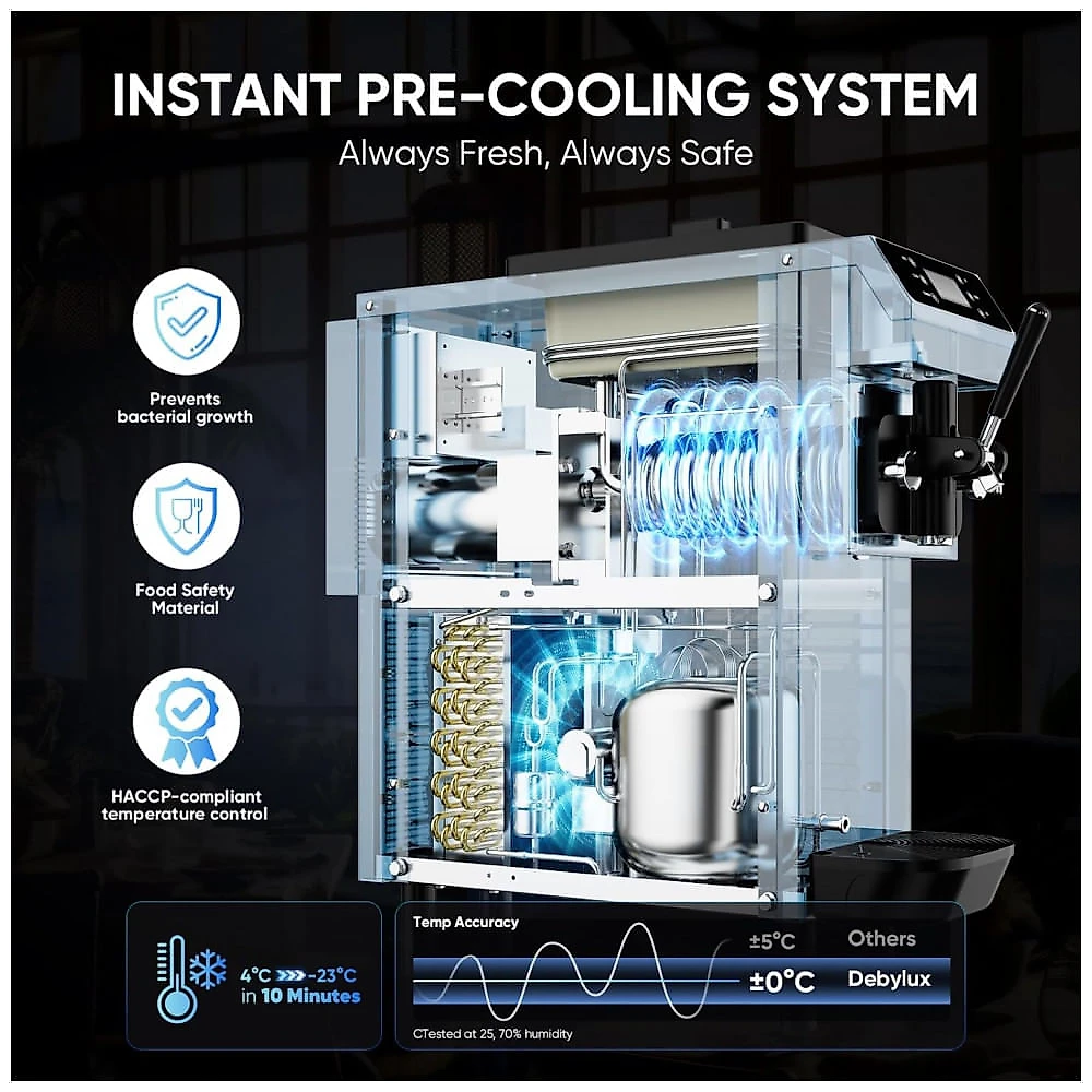 Máquina de Sorvete Tipo Italiano Debylux Comercial Prata 3 Sabores 800W Compressor Duplo 4,3L Painel LED Automática