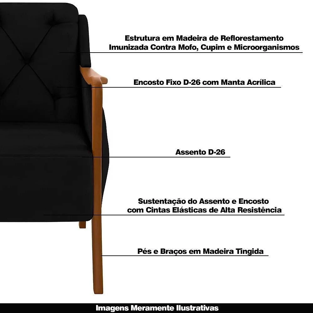 Poltrona Namoradeira Hand G45 2 Lugares Decorativa Veludo Preto com Braços em Madeira Gran Belo