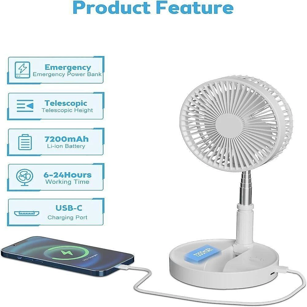 Ventilador Portátil sem Fio de Coluna 20cm 3 Pás 3 Velocidades Branco Silencioso Retrátil Dobrável