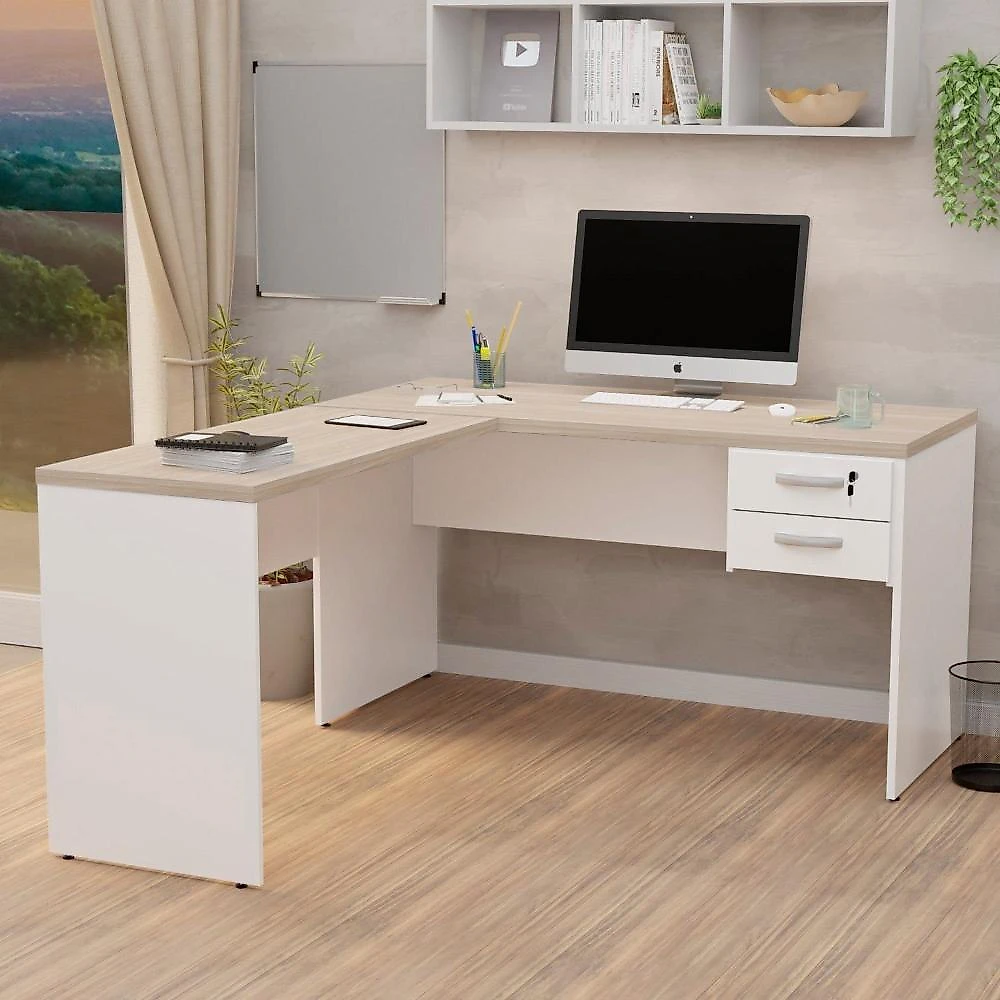 Mesa de Escritório em L 140x60cm com 2 Gavetas + Cadeira de Escritório Ergonômica Reclinável
