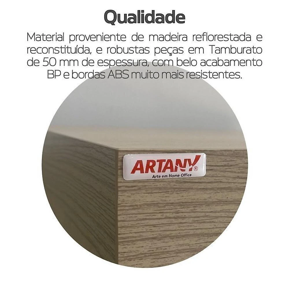 Kit 3 Peças com Estação Diretor em L de Tamburato, Balcão 2 Portas e Gaveteiro Organizador Carvalho/Branco