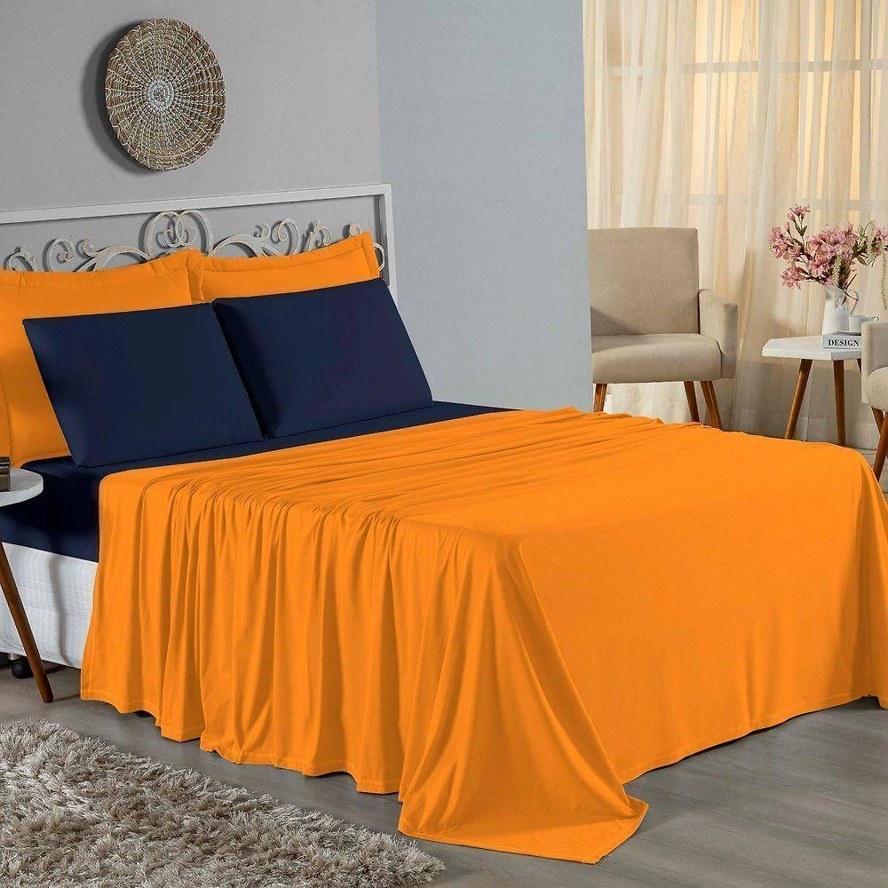 Jogo De Cama Solteiro Nobre 3 Peças Lençol Com Elástico De 30cm De Altura Malha 100% Algodão - Laranja / Azul-marinho