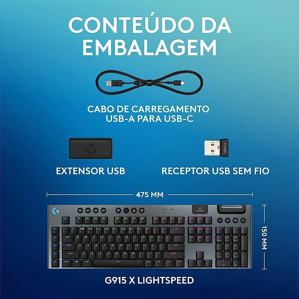 Teclado Mecânico Gamer Sem Fio Logitech G915 X Lightspeed, RGB Lightsync, USB ou Bluetooth, Switch GL Brown Tactile, Preto- 920-012670
