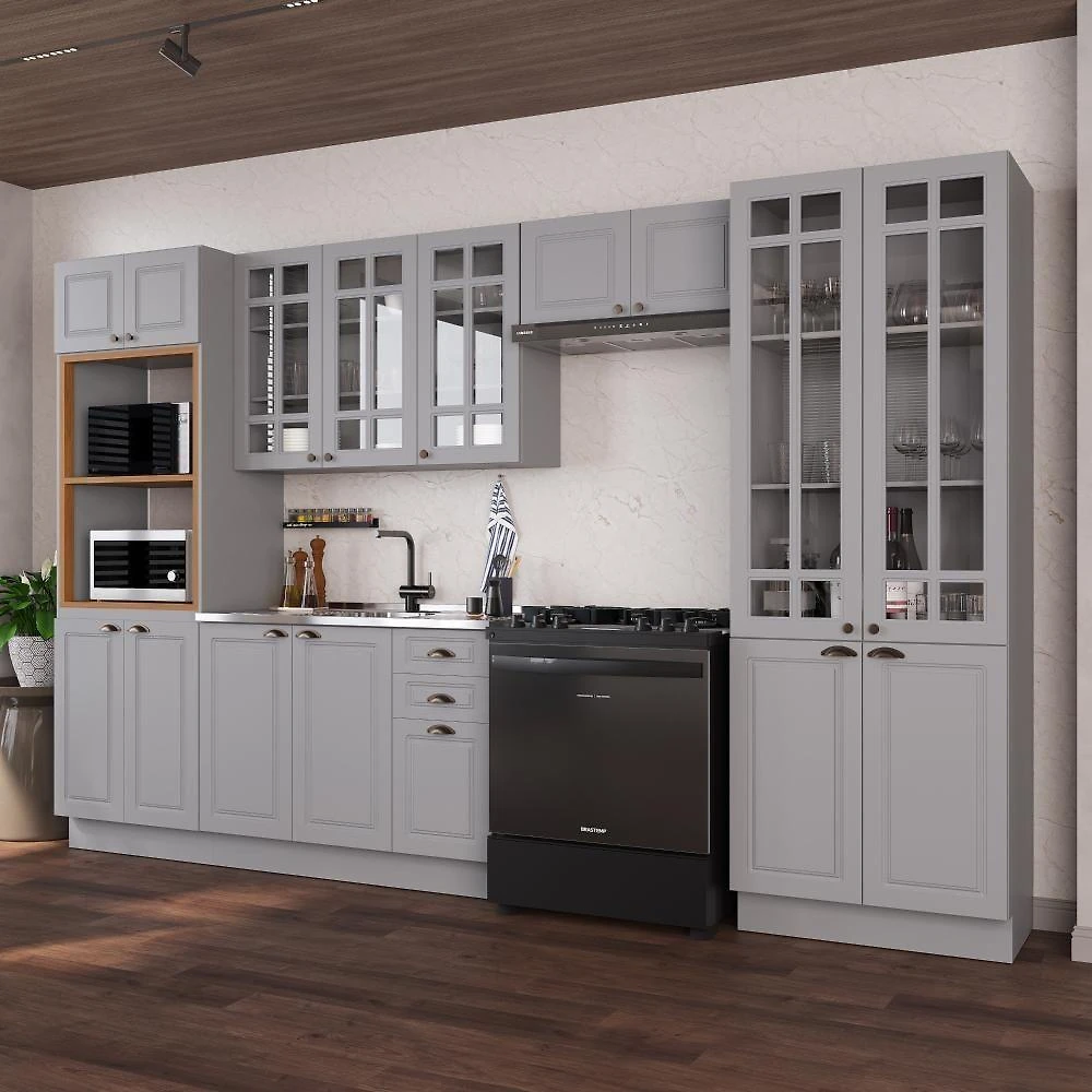 Cozinha Completa Modulada Nara 16 Portas 2 Gavetas MDF 350CM Titânio Fidelita Móveis