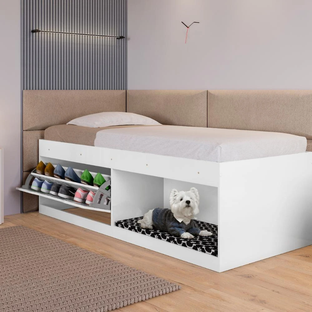 Box Solteiro 2 Prateleiras Flórida Com Kit Pet E Colchão Branco