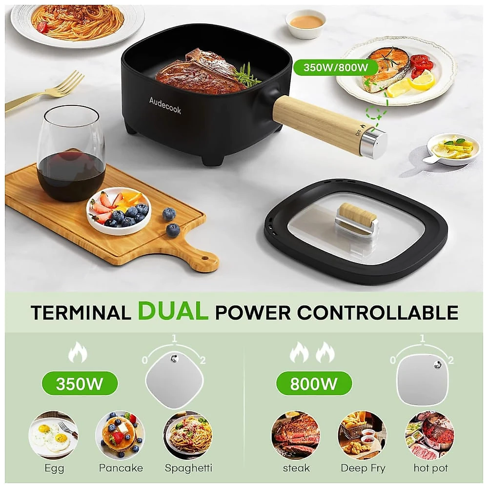Audecook Hot Pot Electric 2L: Panela Multifuncional de 8 Polegadas com Revestimento Antiaderente e Controle de Potência Duplo