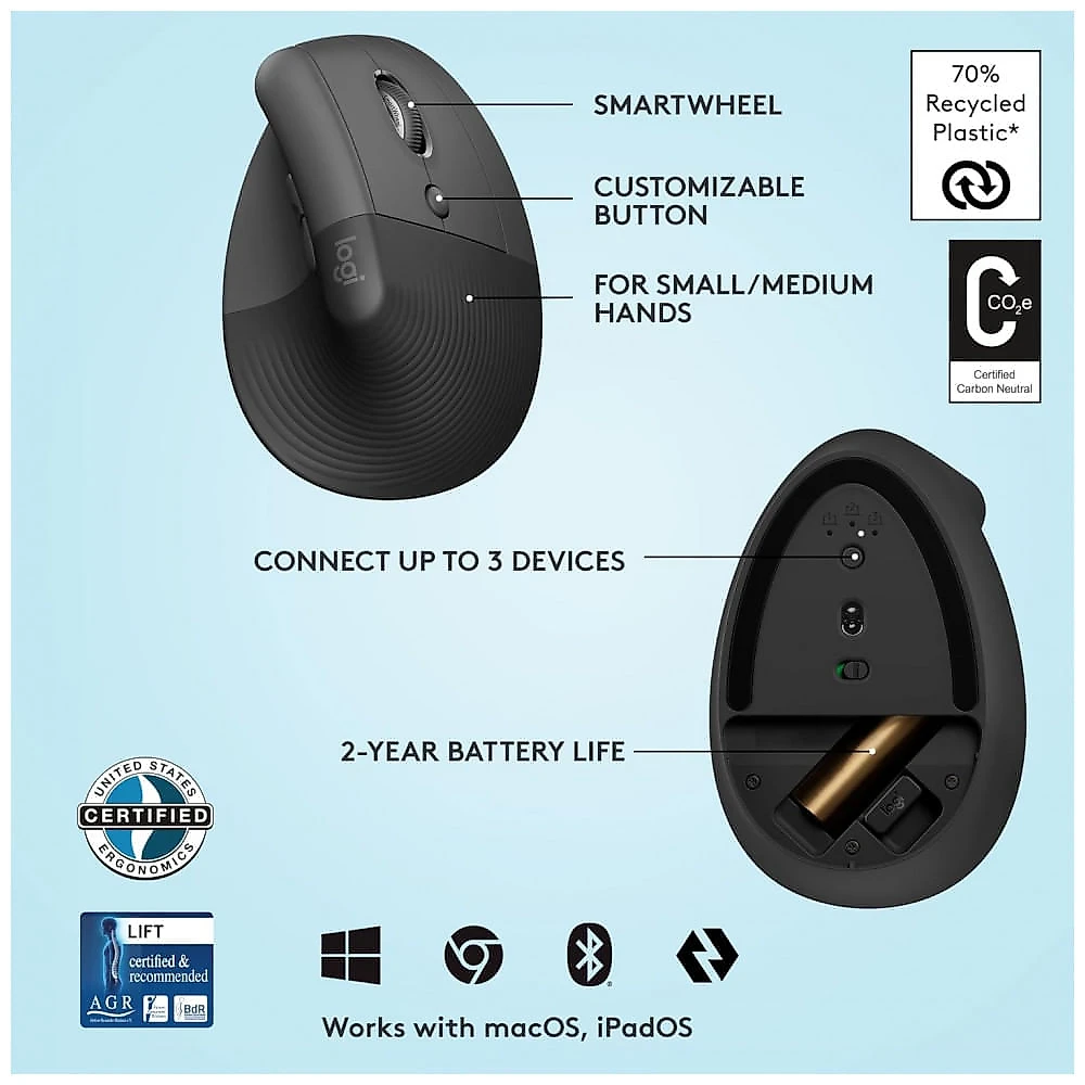 Lift Vertical Rato Ergonômico, Sem Fio, Receptor USB Bluetooth ou Logi Bolt, Cliques Silenciosos, 4 Botões, C...