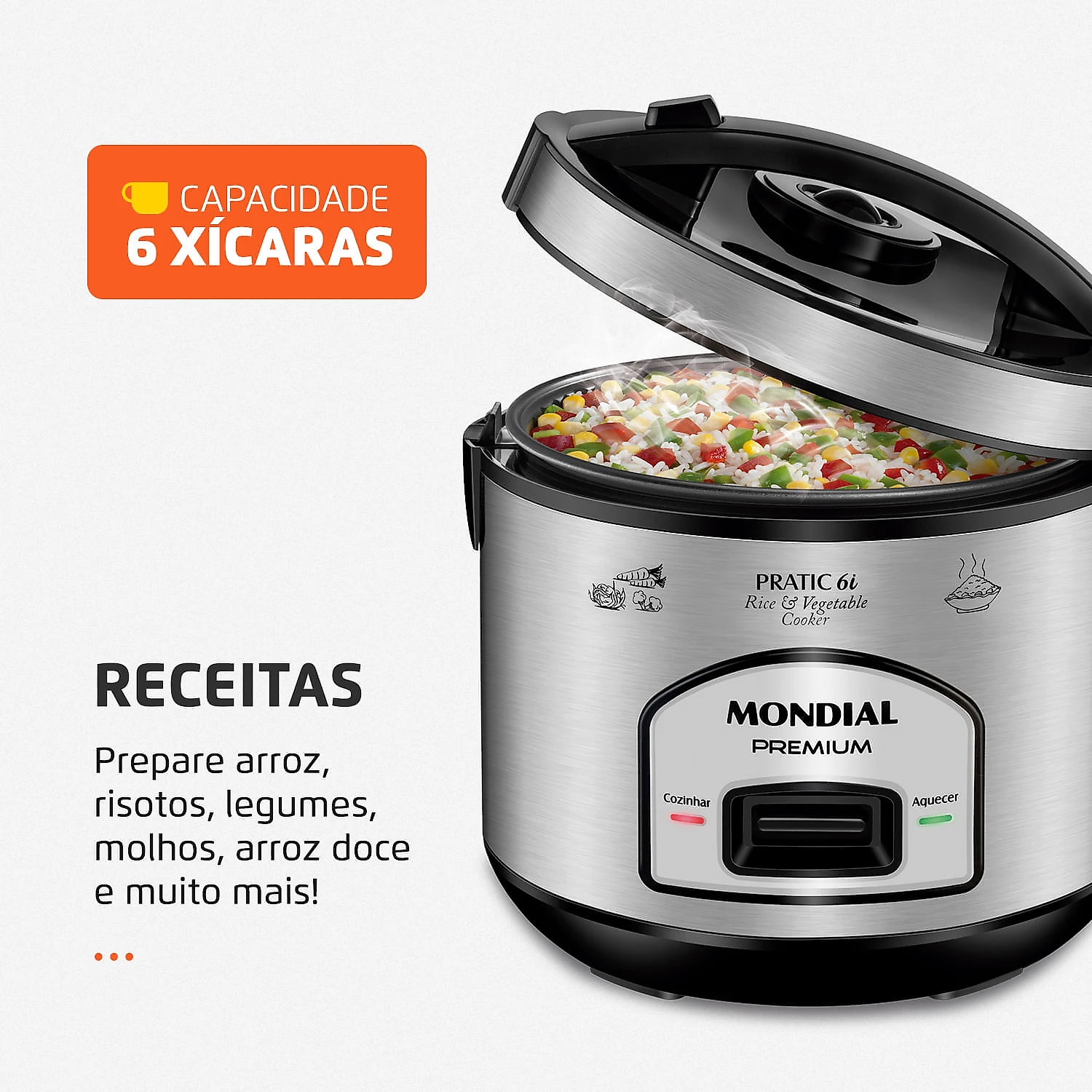 Panela Elétrica Mondial Pratic 6I PE-43-6X PANELA ELÉTRICA DE ARROZ-127V-PRETO/INOX