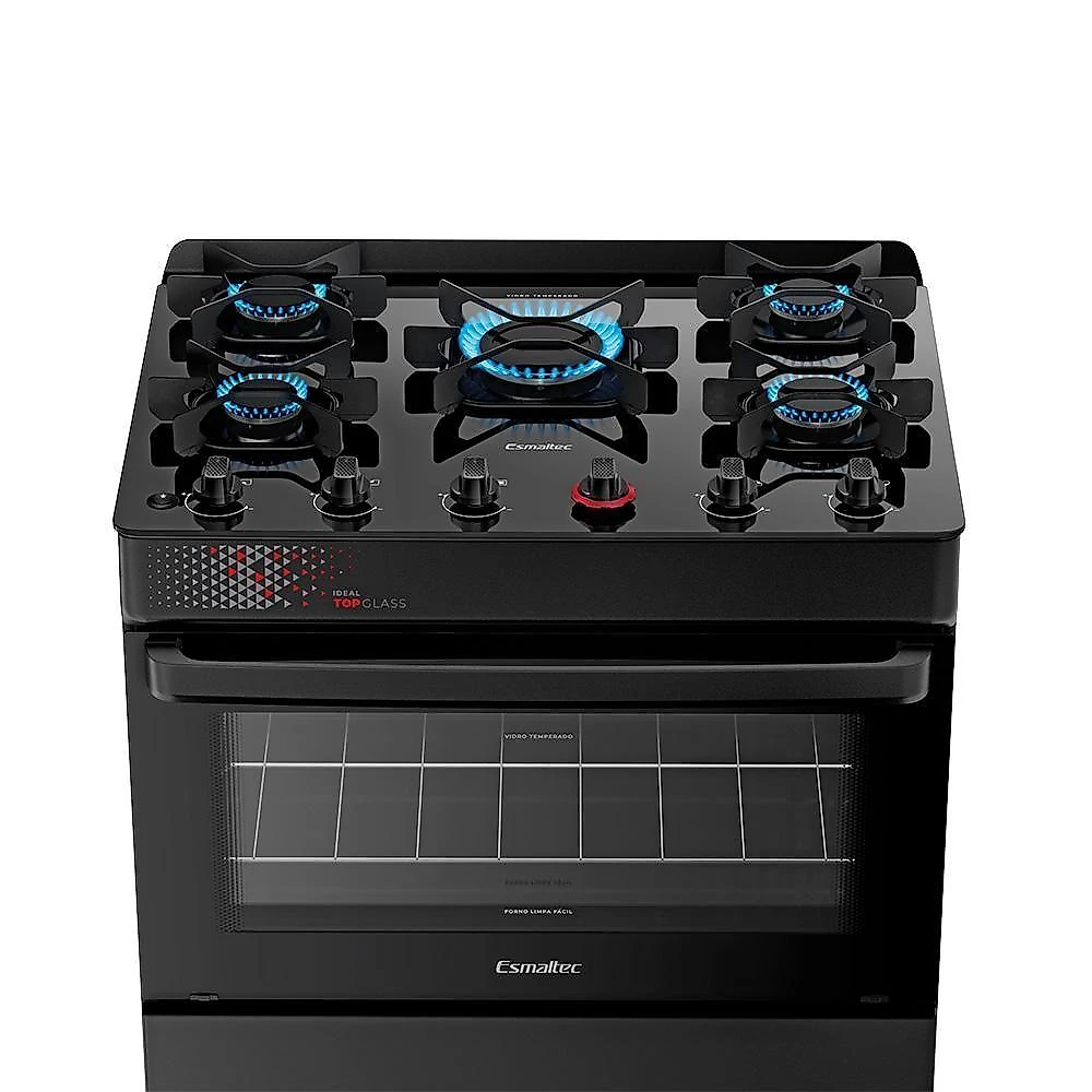 Fogão A Gás Mesa De Vidro Forno 84L Esmaltec Ideal Top Glass Preto 5 Bocas Bivolt