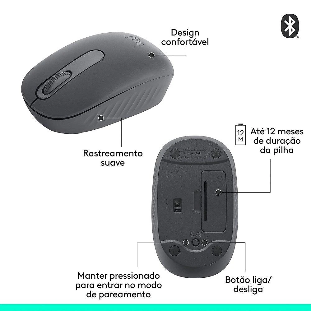 Mouse Sem Fio Logitech M196, Ambidestro Compacto, Bluetooth, Compatível com PC e Mac, Grafite - 910-007456