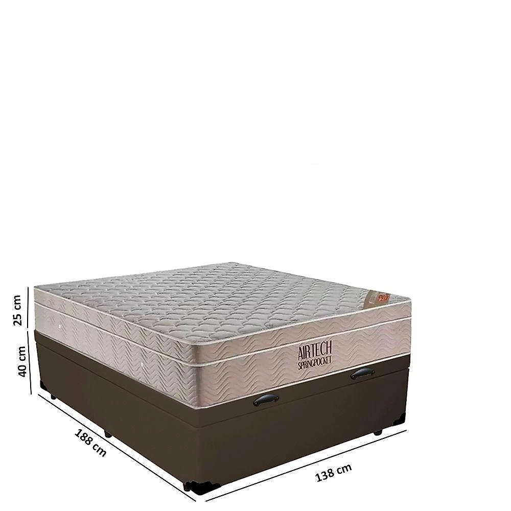 Cama Baú Casal Sintético + Colchão Casal Ortobom Airtech Molas Springpocket (65x138x188) Marrom