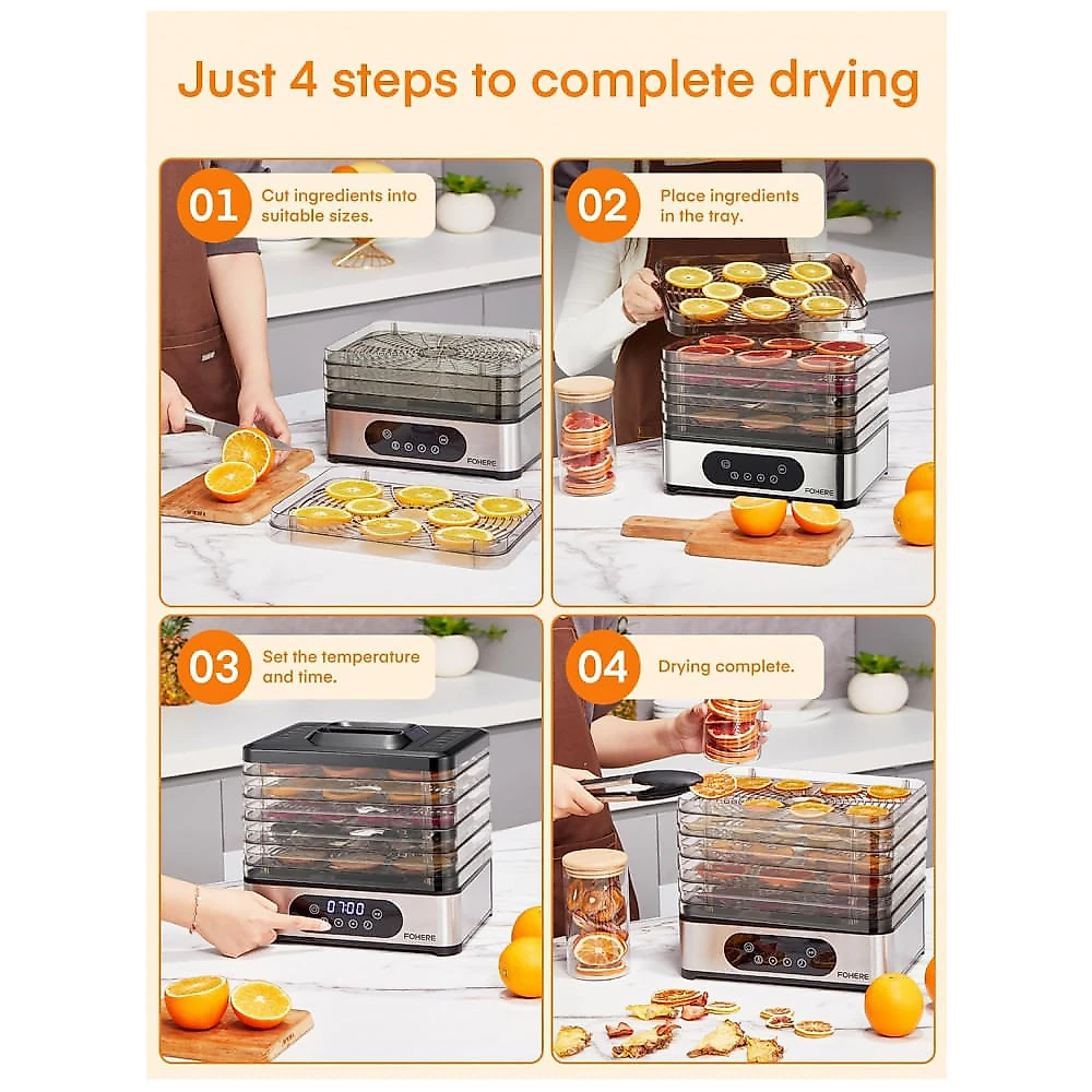 Desidratador de Alimentos FOHERE Preto 5 Bandejas 400W Timer 48h Controle Temperatura 120V