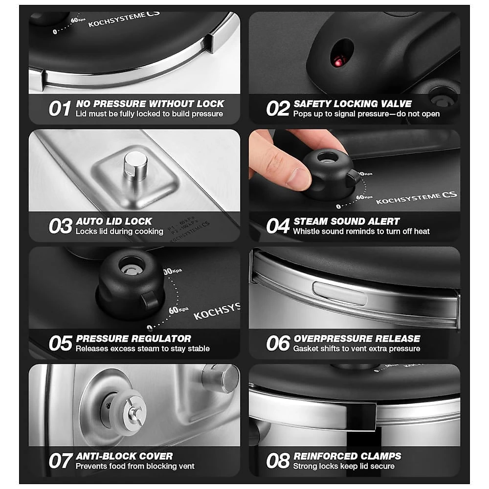 Panela de Pressão em Aço Inoxidável KOCH SYSTEME CS, 6,3 litros Olla de Pressão, Trava Easy OnePress, 3 Configurações de Pressão 3 PSI,