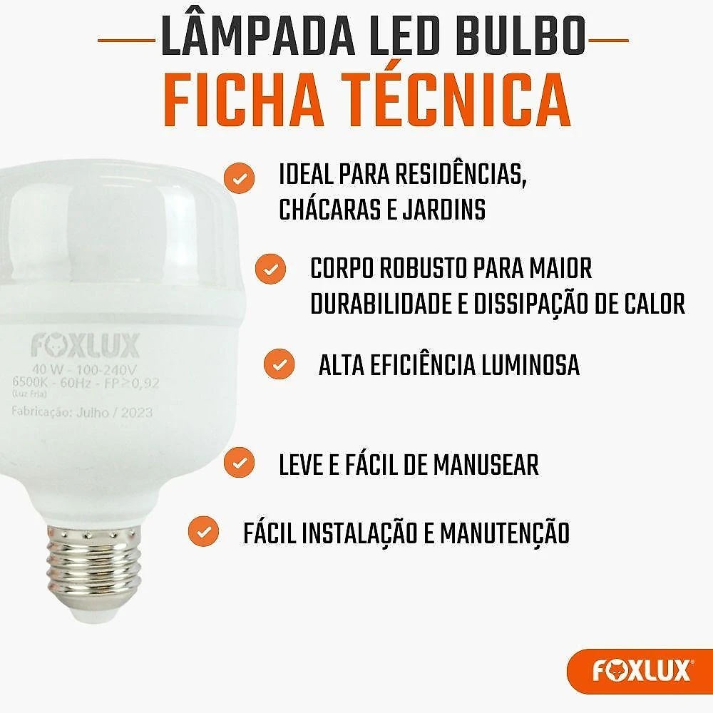 Lâmpada LED Alta Potência 40W 6500K Branco Frio Kit com 2 Foxlux