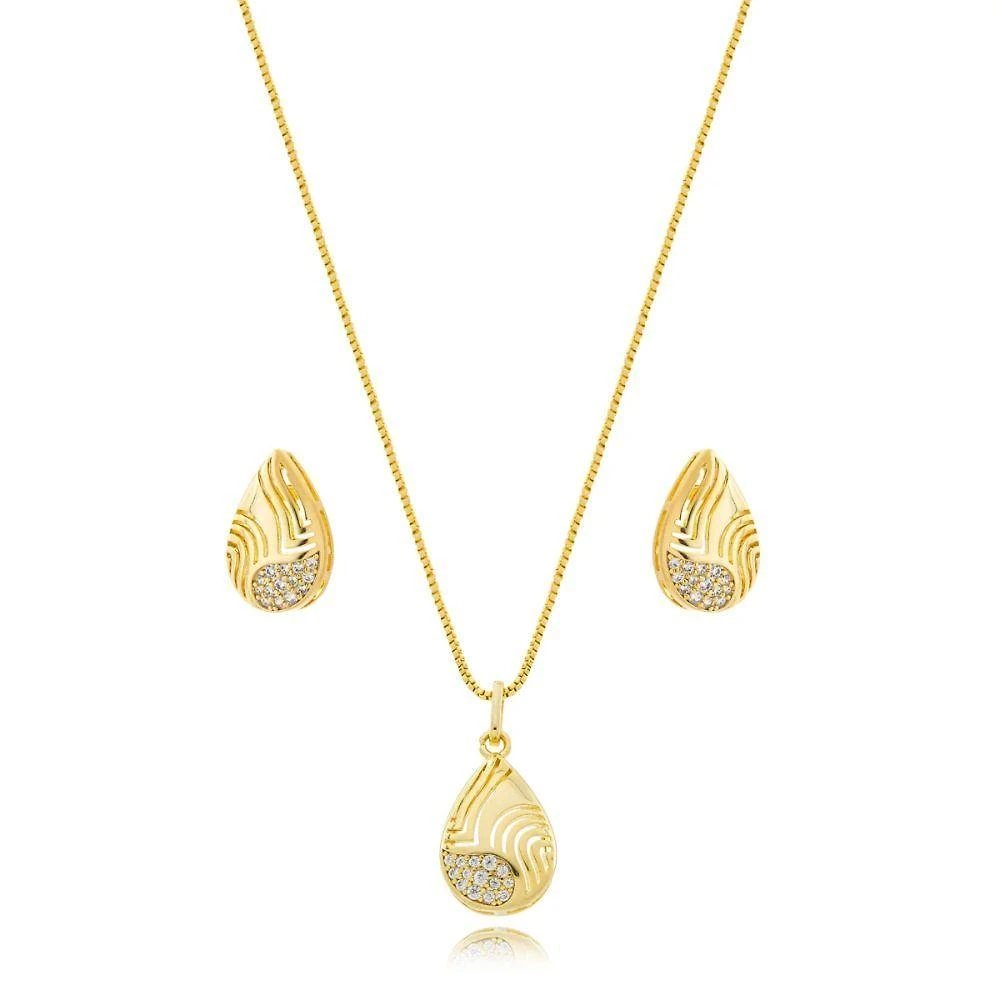 Conjunto Feminino Atraktiva Jóias Gota Cravejada Banhada a Ouro 18k 45cm Dourado