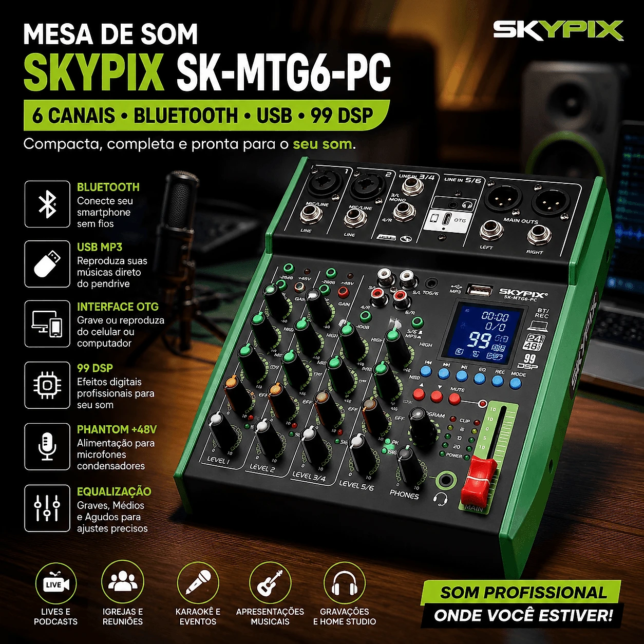 Mesa de Som Skypix SK-MTG6-PC 6 Canais Bluetooth USB