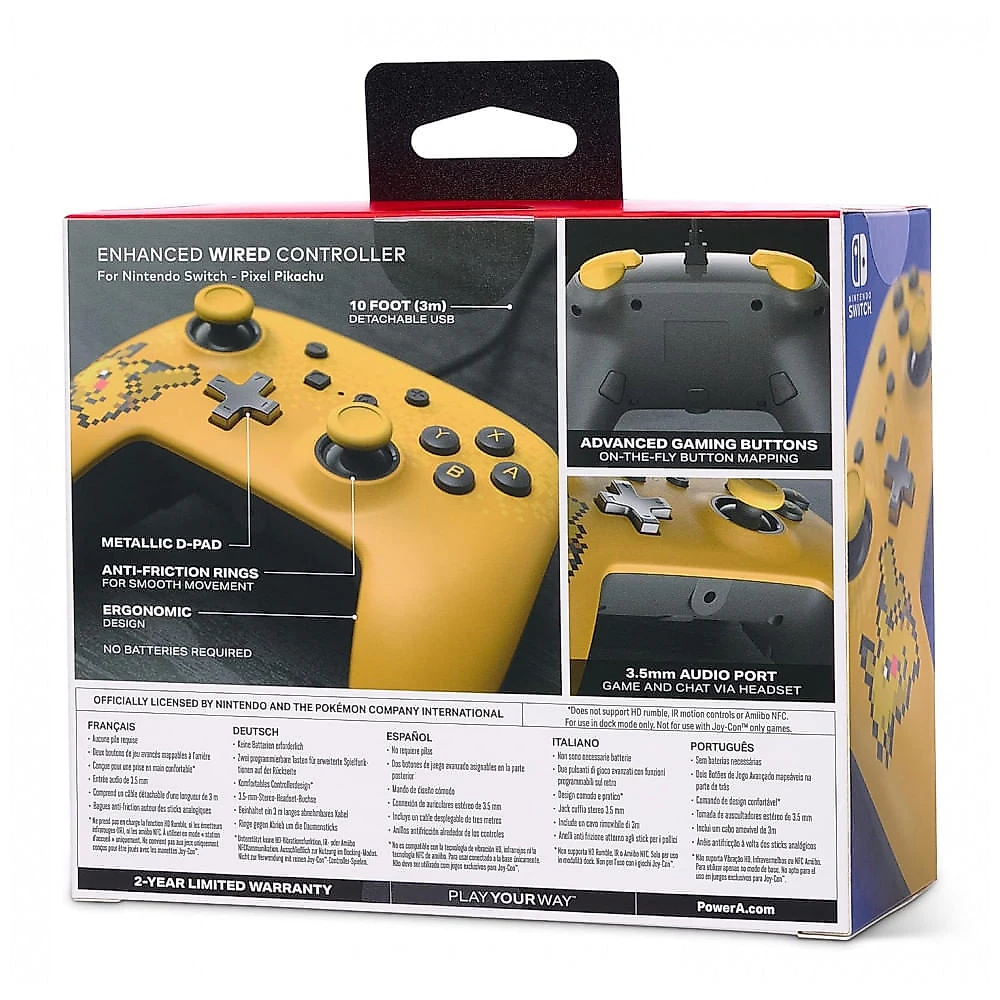 Controle com fio PowerA Enhanced para Nintendo Switch Pixel Pikachu com entrada de áudio e botões avançados mapeáveis