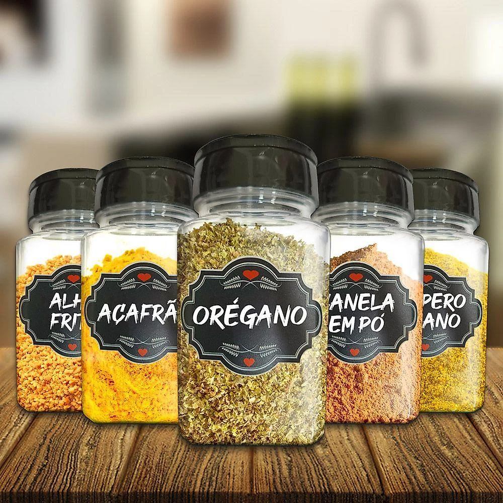 Pote Tempero Kit 10 Potes+24 Etiquetas Adesivas Q170 Preta