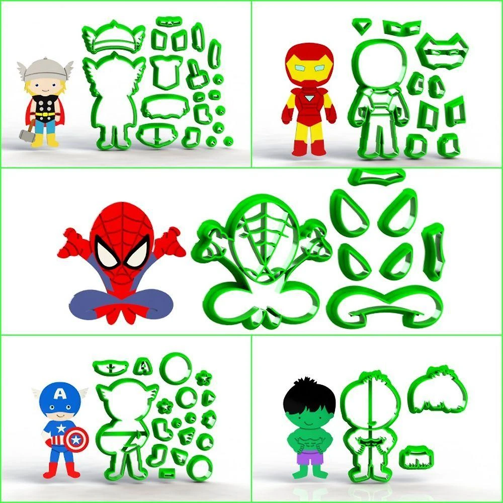 Cortador Kit 5 Heróis Mod1 Plástico PLA 7CM Kit com Hulk Thor Homem de Ferro Aranha Capitão América