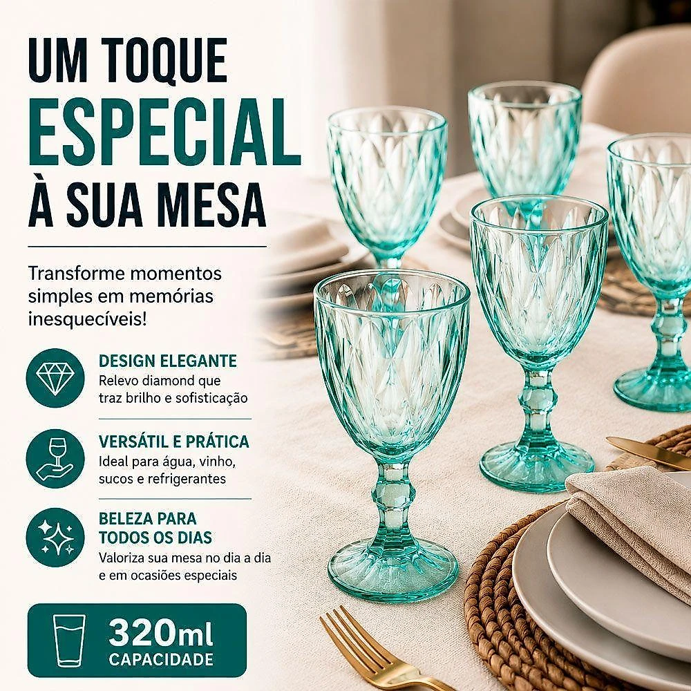 Taça Diamond para Vinho Água e Sucos Vidro com Textura Diamante Verde Claro Hauskraft 6 Unidades