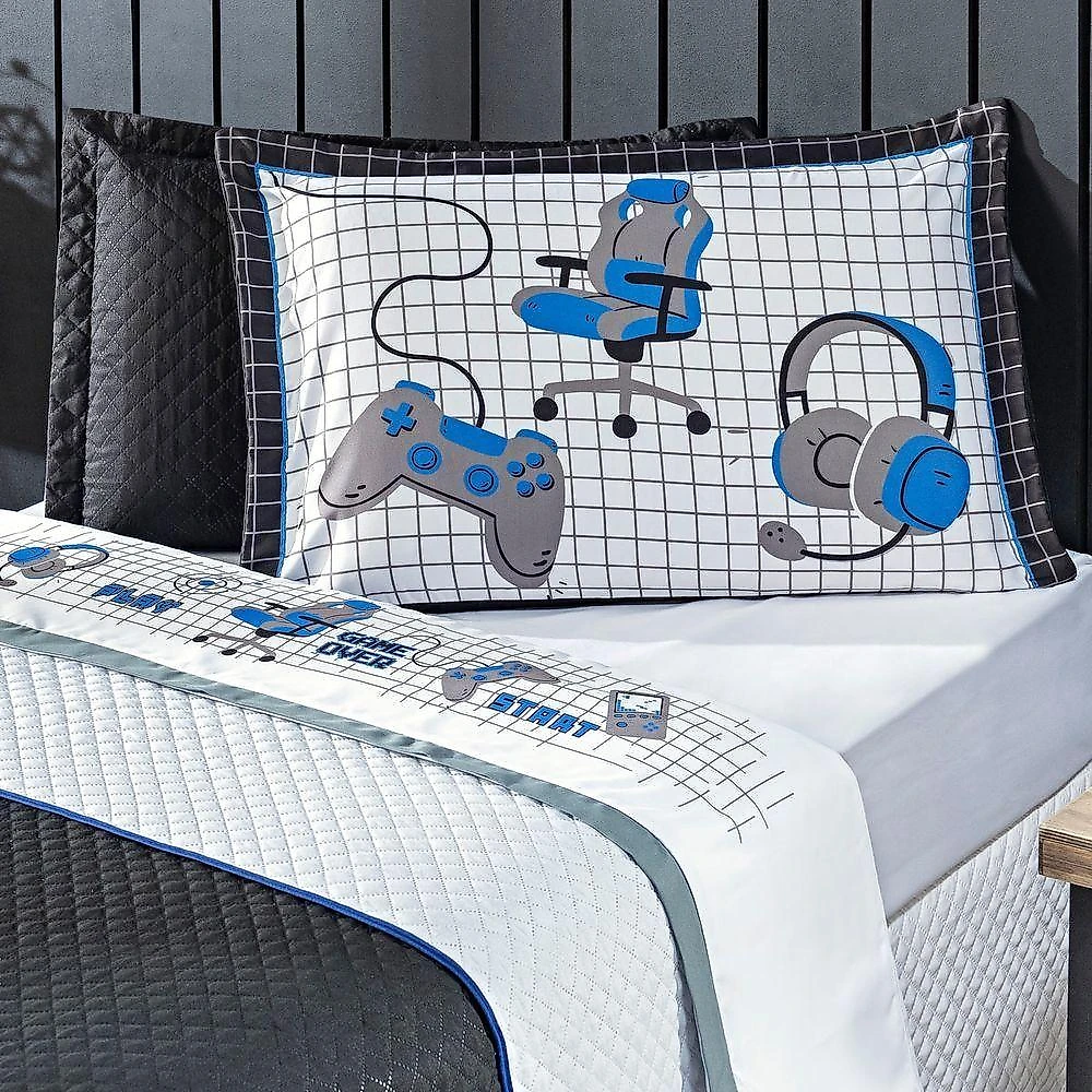 Kit Cobre Leito Colcha Queen Game Streamer Azul Dupla Face Com Almofadas Estampadas 07 Peças