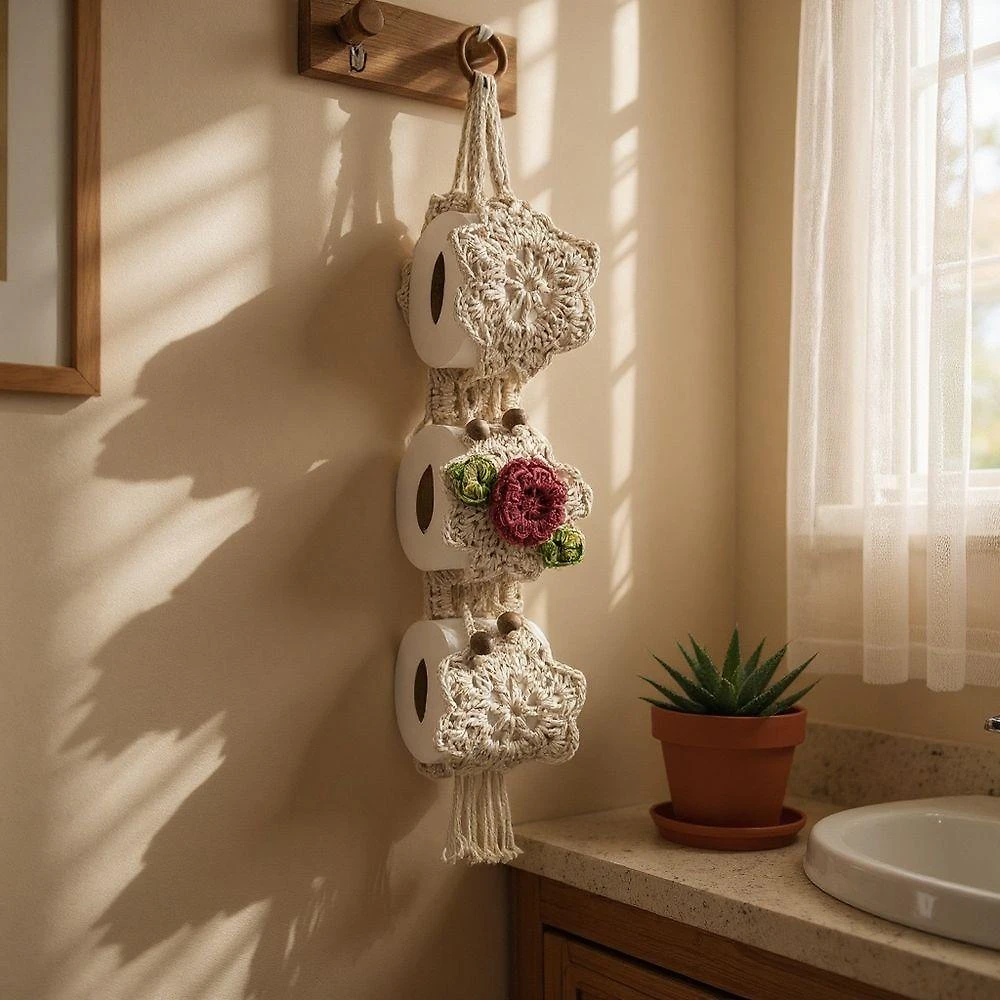 Porta Papel Higiênico Crochê Flor Bordado 3 Lugares Terracota Artesanal