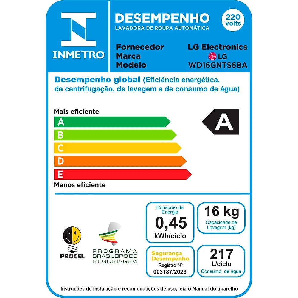 Lava e Seca WD16GNT 16Kg ou 10Kg Front Load Automático Touch LED LG Blkinox - 110V