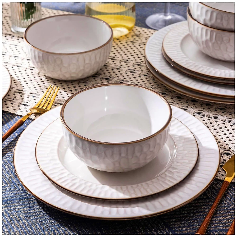 Jogo de Louça em Cerâmica GBHOME, 12 peças com Design Elegante em Alto-relevo, Conjunto de Pratos e Tigelas em Stoneware, Presente de Casamento e Chá