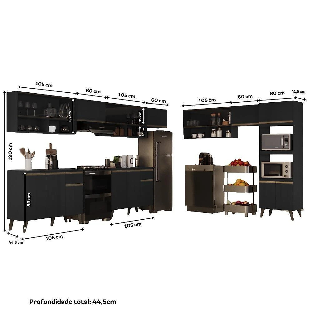 Cozinha Completa Atlanta Next 18 Portas 2 Gavetas MDP 555CM Preto Touch Carraro