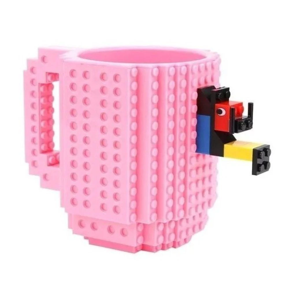 Caneca Decorativa Bloquinhos Tipo Lego 350 ml com Blocos para Montar Rosa OEM