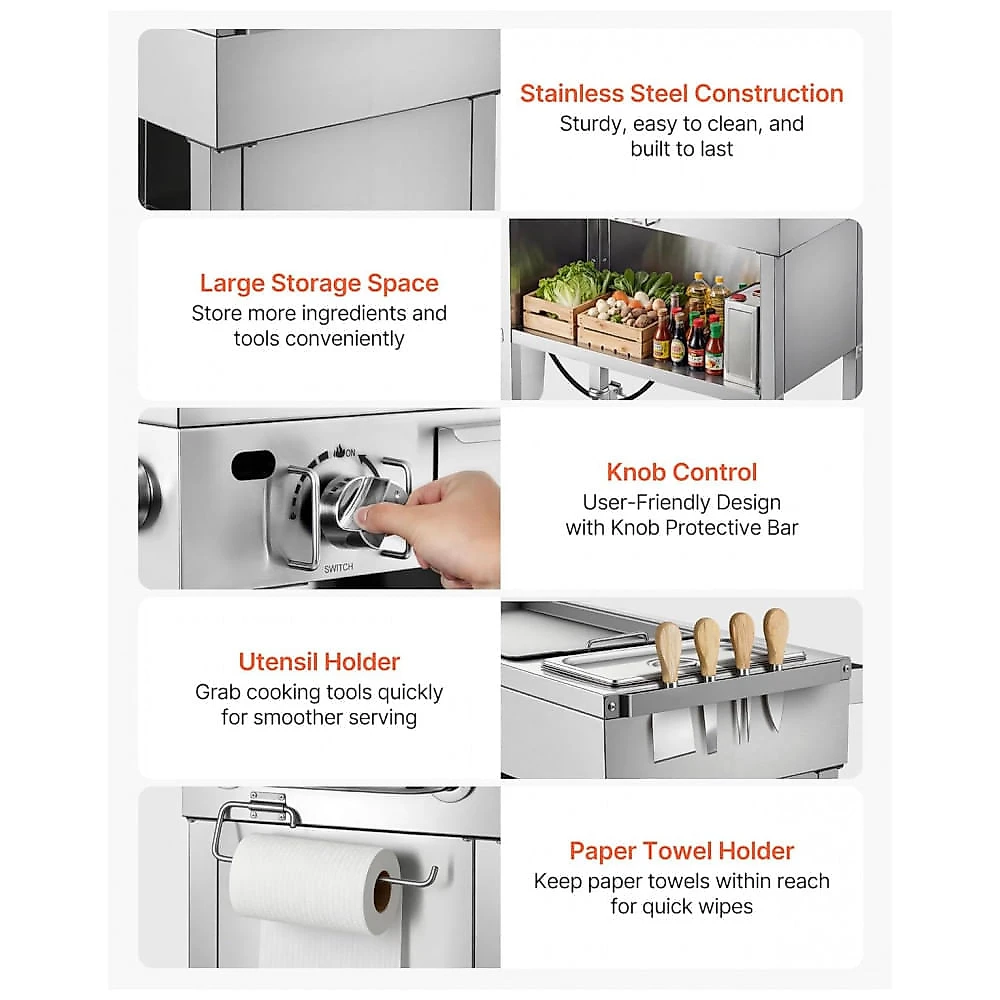 Chapa a Gás VEVOR GPL-500-1T 2 Queimadores 23.200 BTU Inox 4 Rodas com Trava Uso Externo