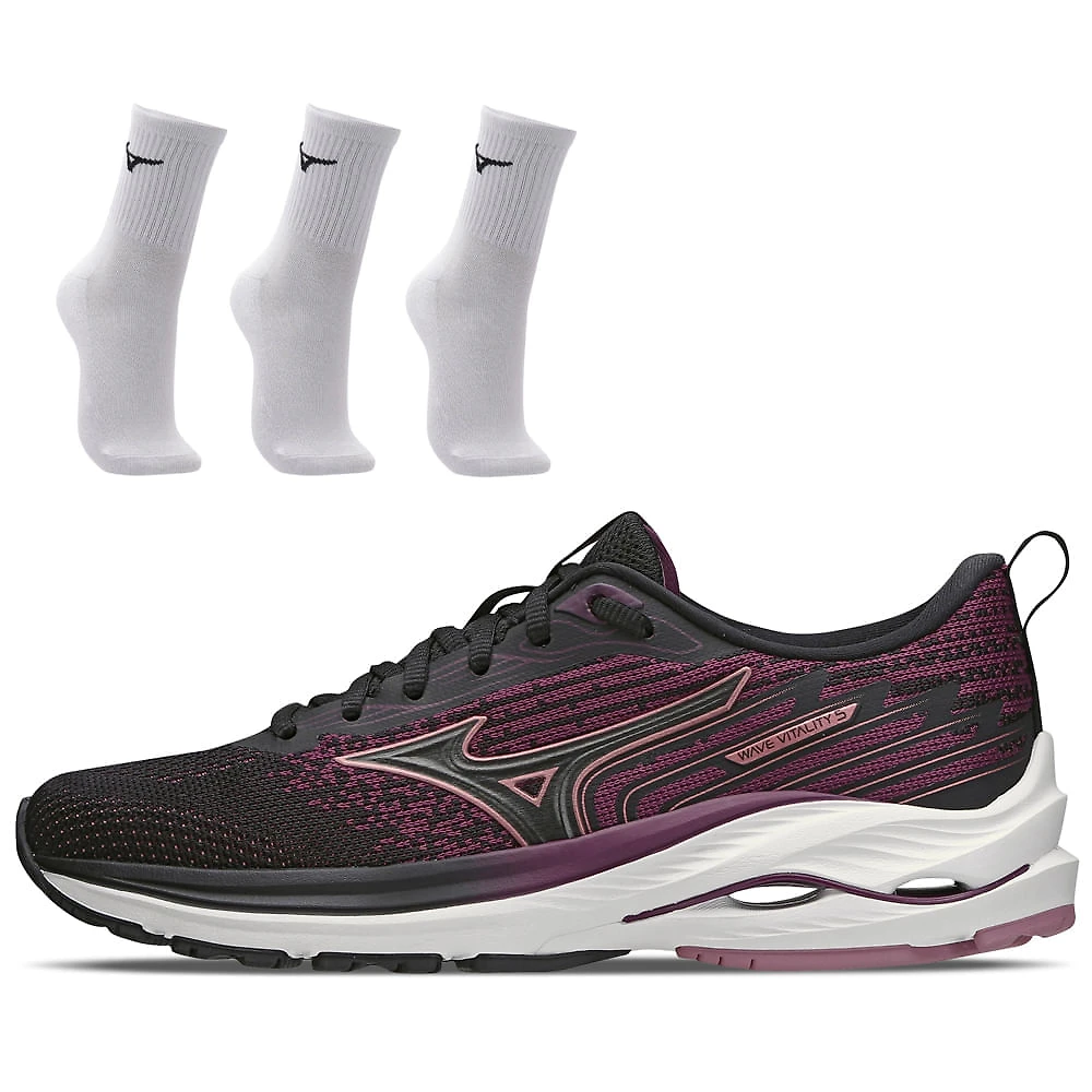 Kit 1 Tênis de Corrida Feminino Mizuno Wave Vitality 5 e 3 Pares de Meia Cano Médio