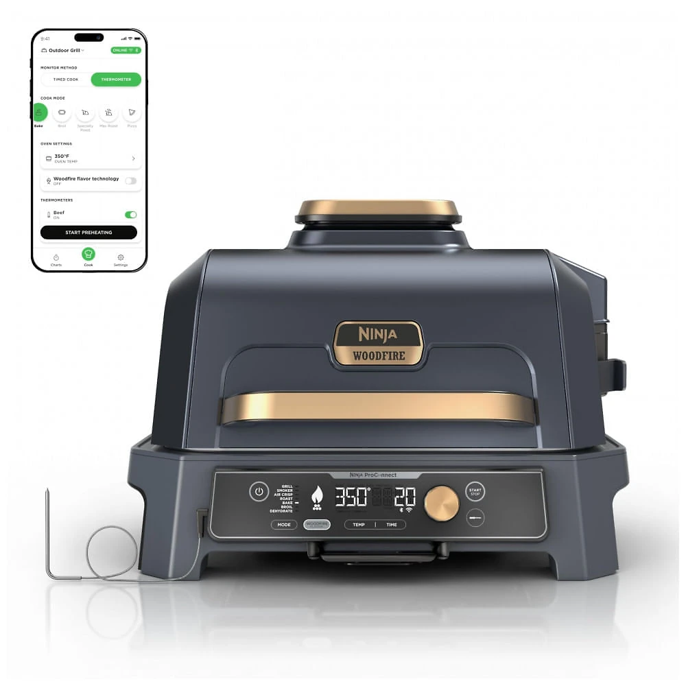 Grill Ninja Woodfire Pro Connect XL OG951 Defumador 7-em-1 App Bluetooth Azul Dourado 120V