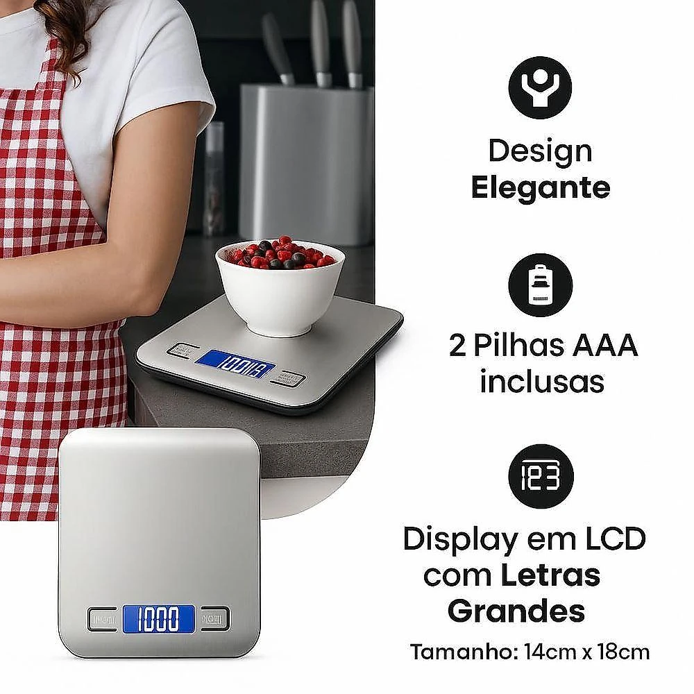 Balança de Cozinha Digital Premium em Inox com Alta Precisão 1g a 10kg para Alimentos Fit Prata
