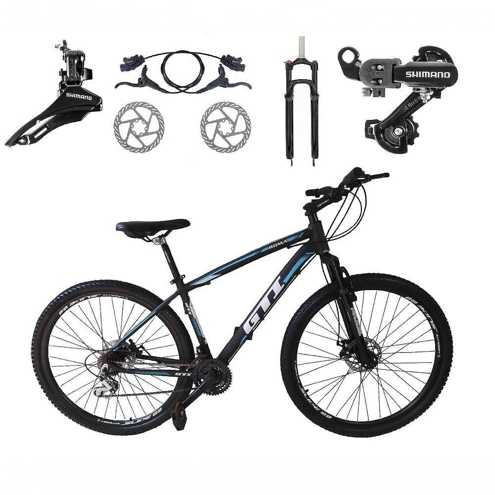 Bicicleta Aro 29 Gti Roma Shimano 24v K7 Freio A Disco Hidráulico Garfo Com Trava - Preto-azul Tam.19