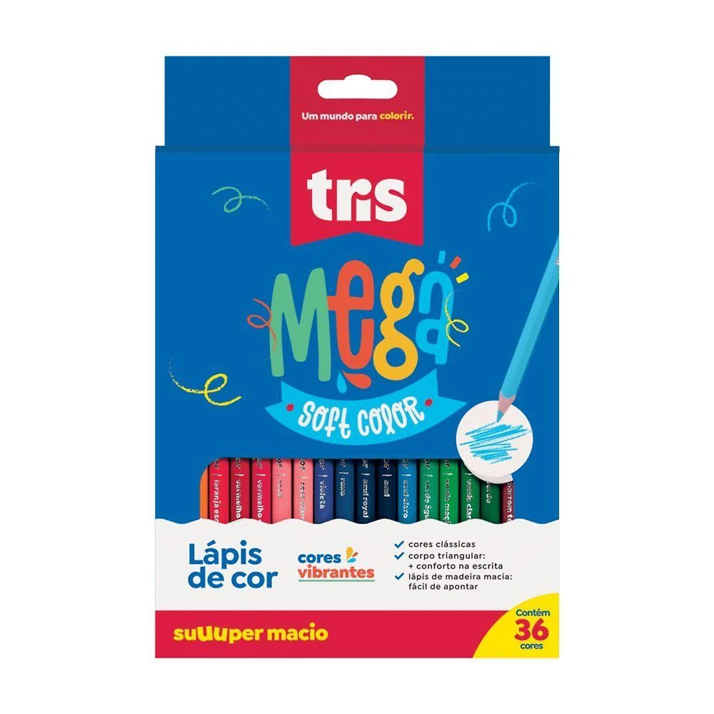 Lápis de Cor Tris Mega Soft Color com Mina Supermacia e Resistente para Desenho Artístico 36 Cores