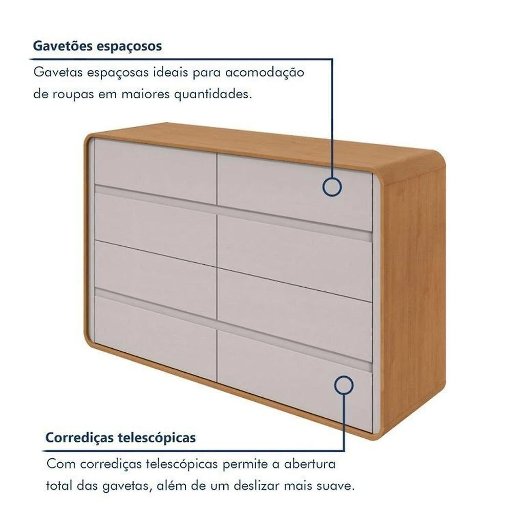 Miniatura Quarto Completo Cama Solteiro com Cômoda 8 Gavetas e Mesa de Cabeceira Amêndoa Clean/Off White