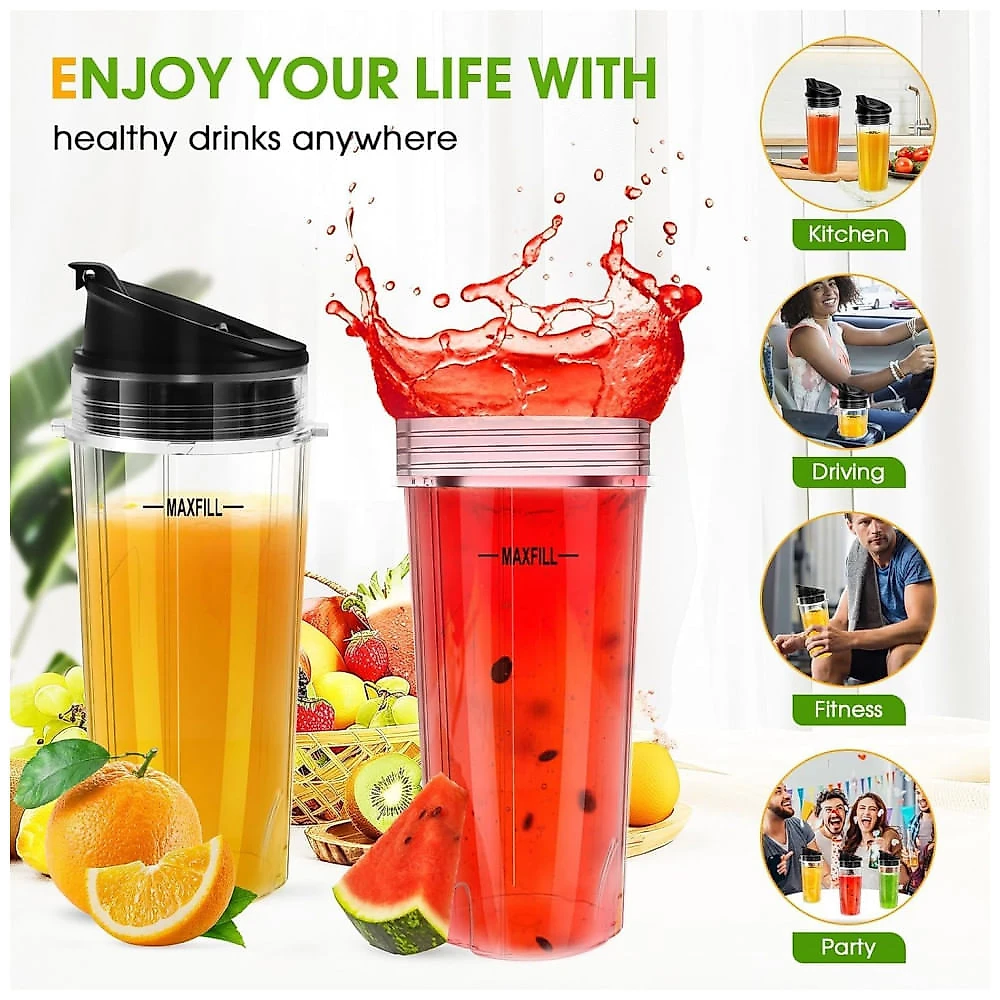 UBYNID Jarras de Substituição para Liquidificador Ninja 16oz com Tampas Antivazamento - Kit com 3 Peças Compatível com Modelos QB3001SS, BL770