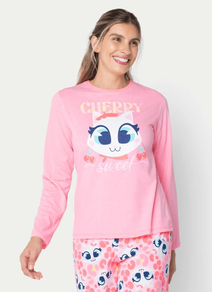 Pijama manga longa feminino gata cereja