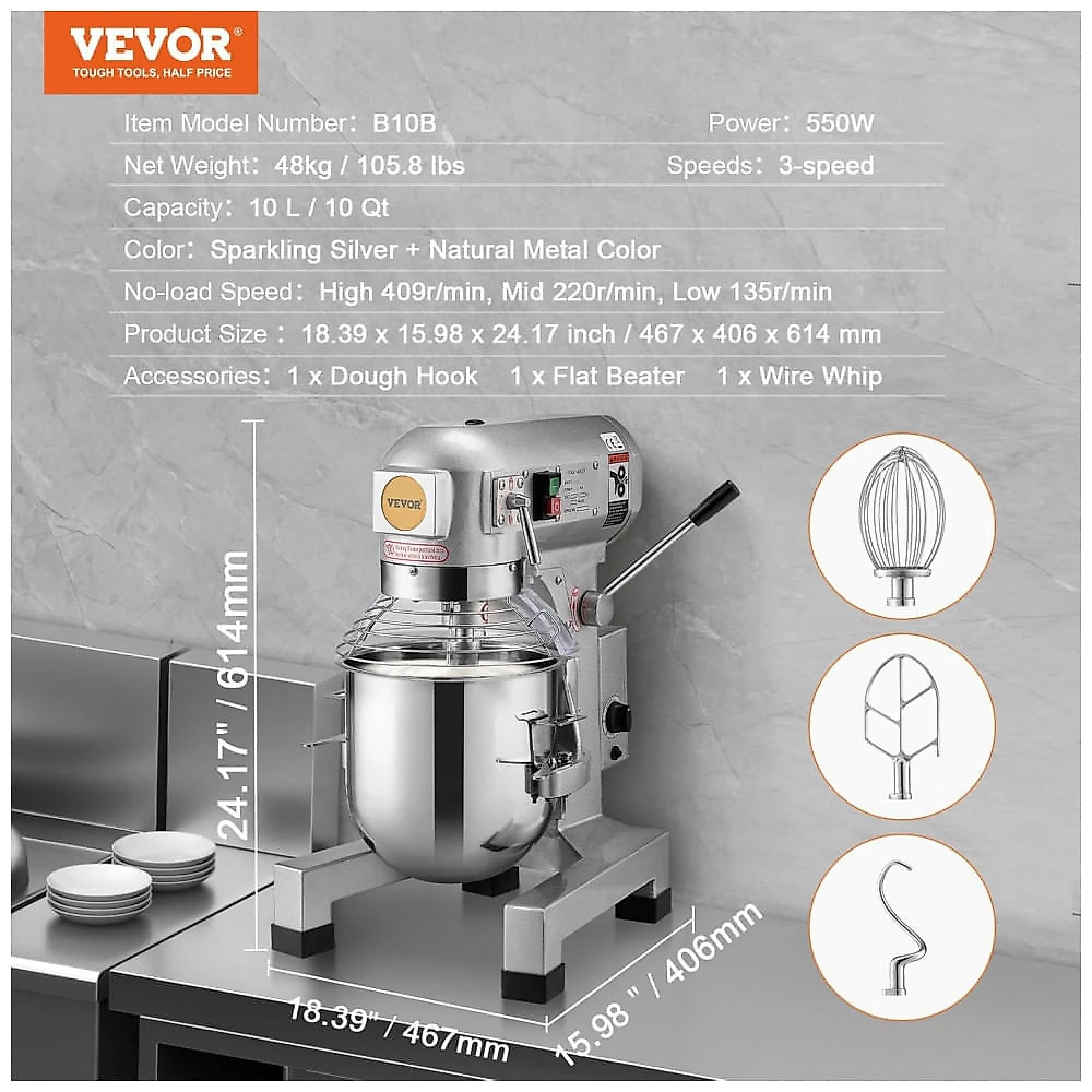Batedeira Comercial VEVOR B10B 10L 3 Velocidades Gancho Inox Temporizador 110V