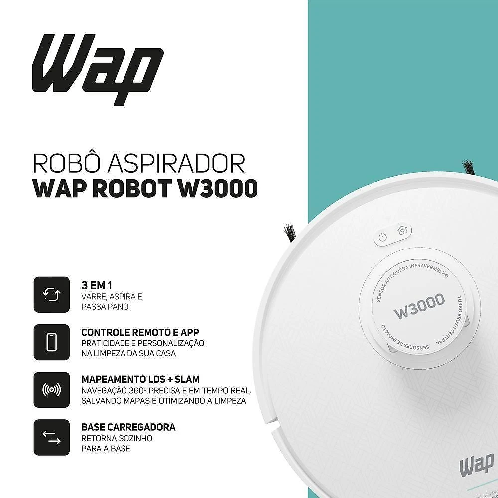 Robô Aspirador WAP W3000 24kPa 120 com MOP Preto Bivolt
