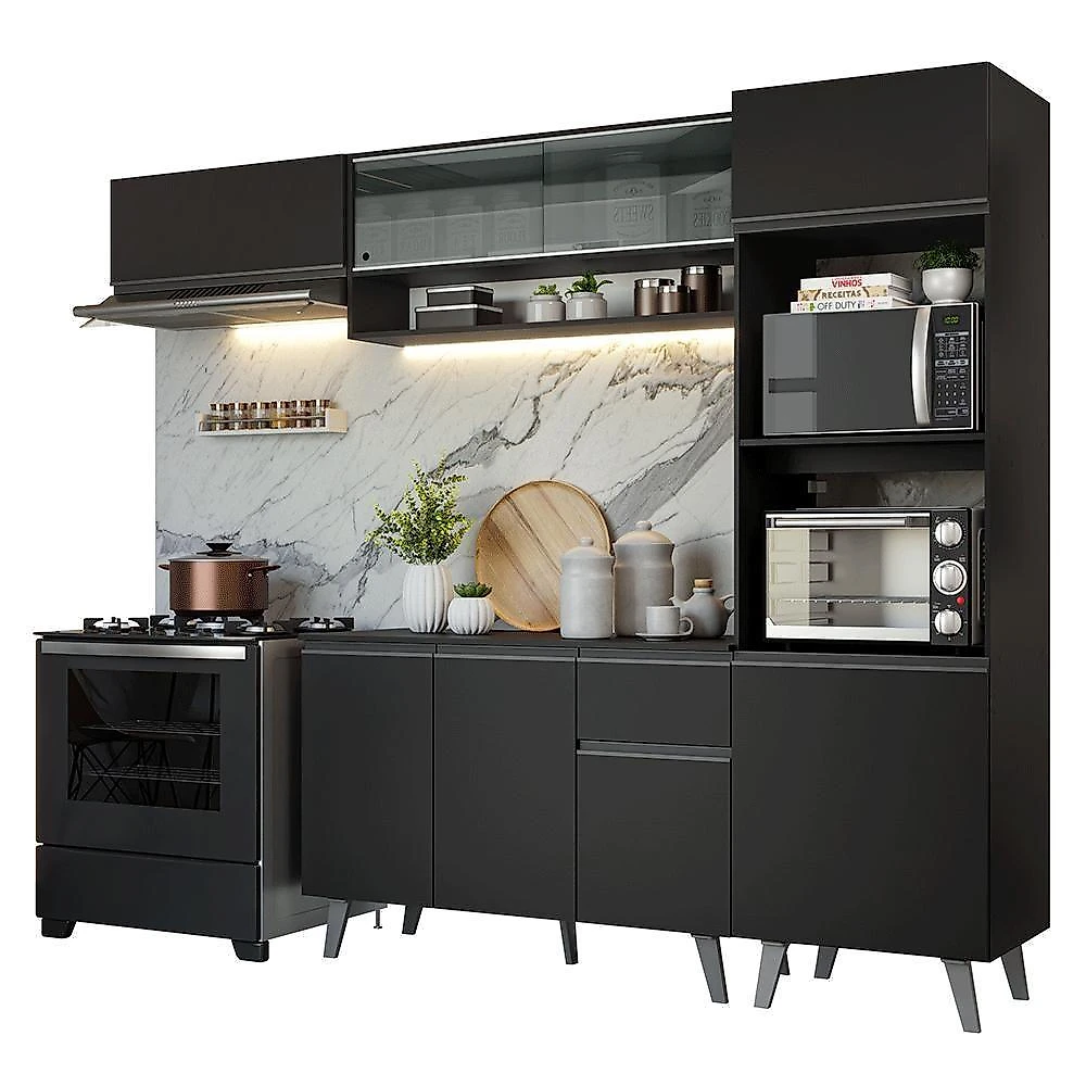 Cozinha Completa Nice GRNC2600038N 8 Portas 1 Gaveta MDP 260CM Preto Madesa