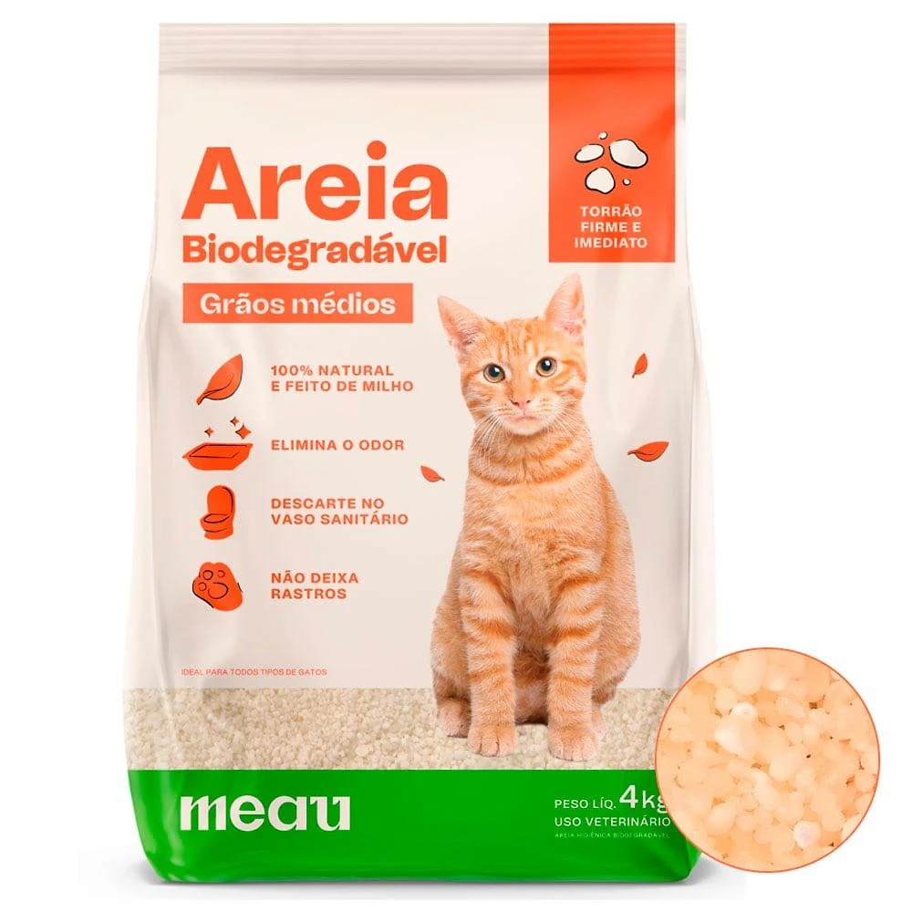 Miniatura Areia Higiênica Meau Biodegradável Grãos Médios para Gatos - 4 Kg