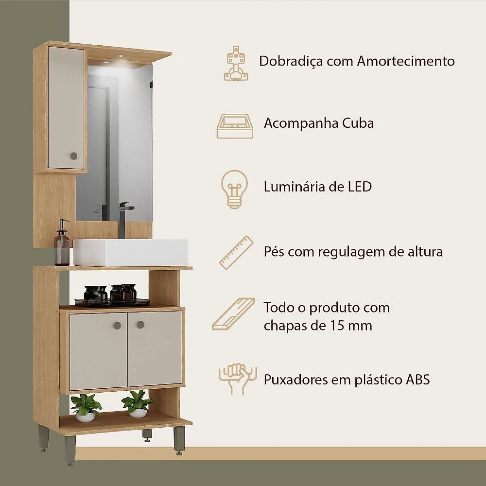 Armário Conjunto de Banheiro com Gabinete, Cuba e Espelheira 2 Porta a com Led na Espeheira Berlin 60 cm Conjunto de Banheiro Gabinete 2 Porta com Cuba de Sobrepor Espelheira 1 Porta com LED Eleganza Carvalho / Arenas