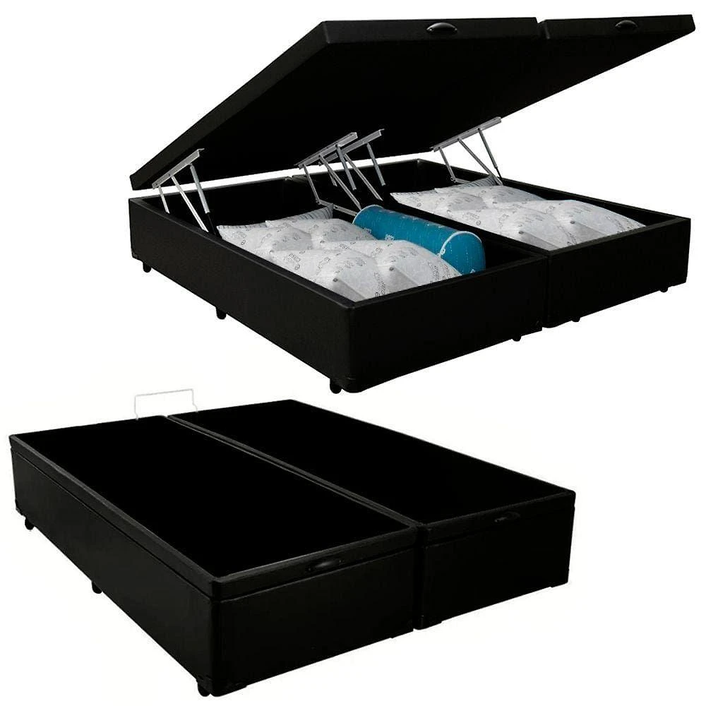 Cama Box com Baú Casal Bipartido Suede Estrutura em Madeira Preto