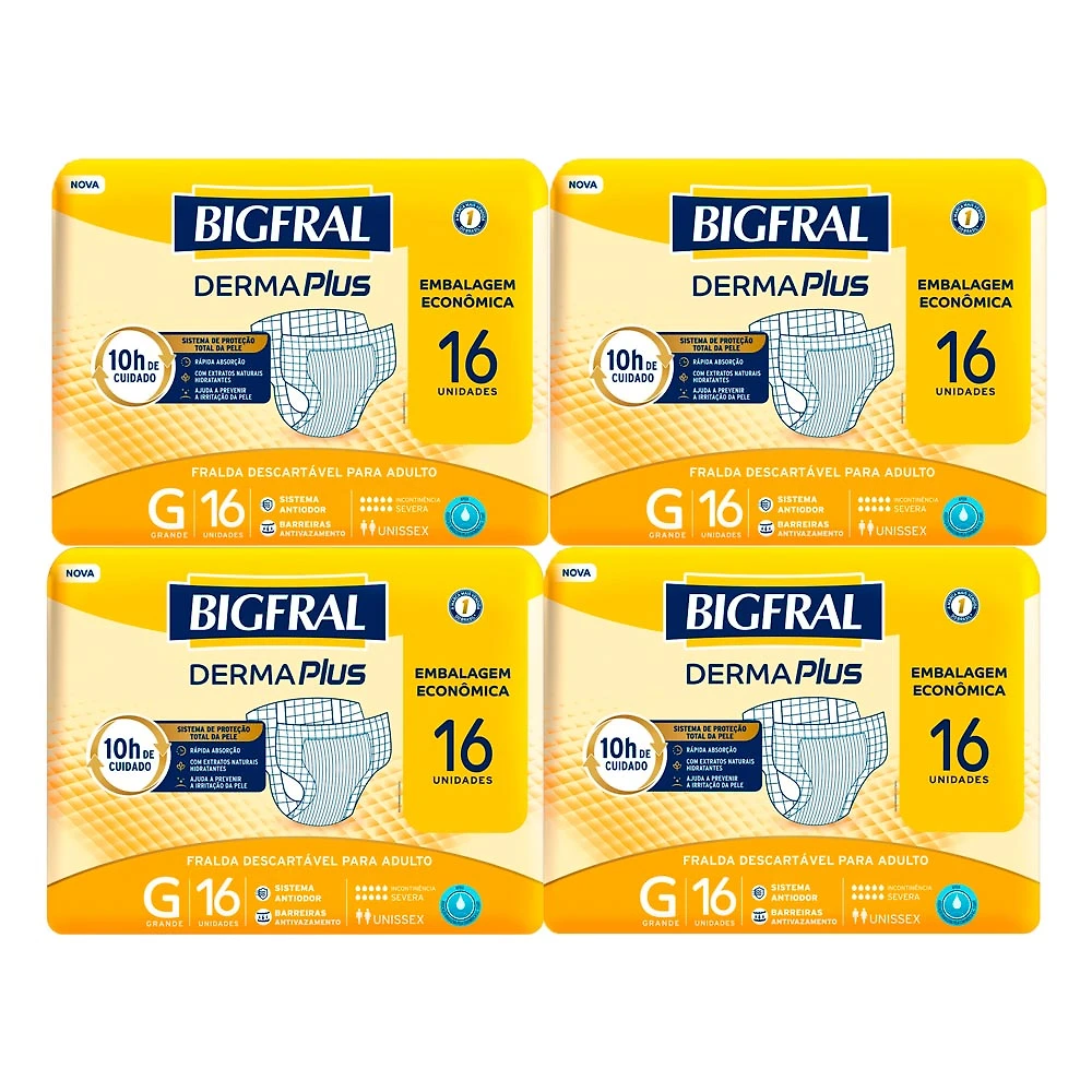 Kit 4 Fralda Geriátrica Bigfral Derma Plus Tamanho G com 16 Unidades Cada